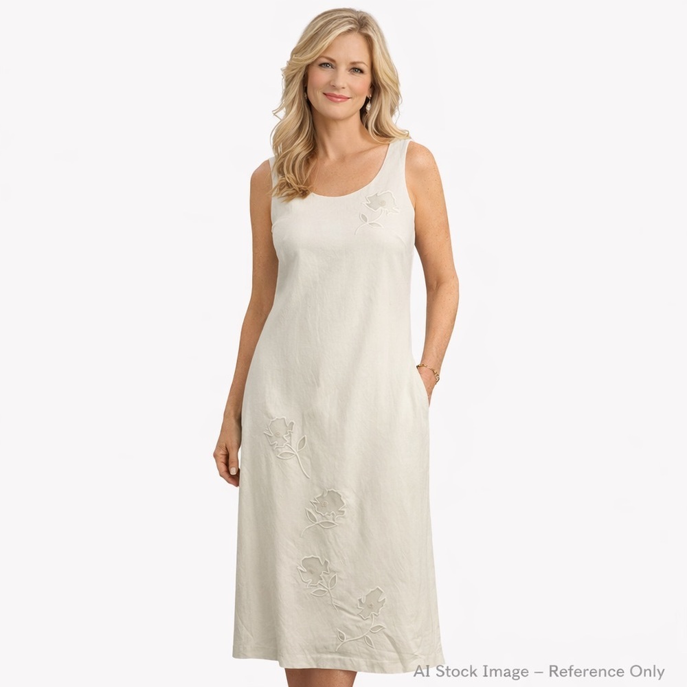 Karin Stevens Cream Linen Floral Cutout Dress M - Midi Shift NWT